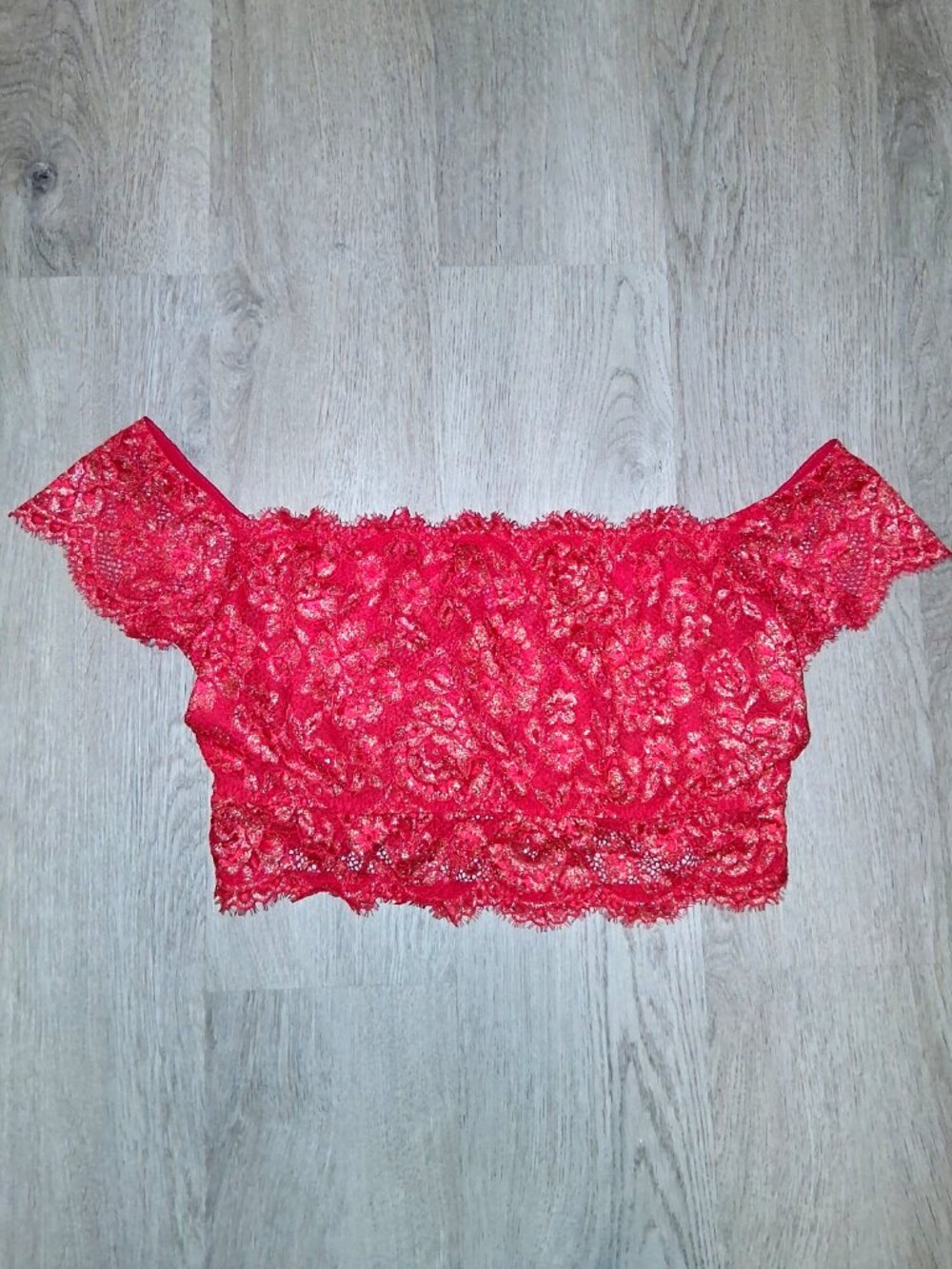 Cacique Red Sheer Lace Gold Glitter Off the Shoulder Bralette Plus Size 18/20